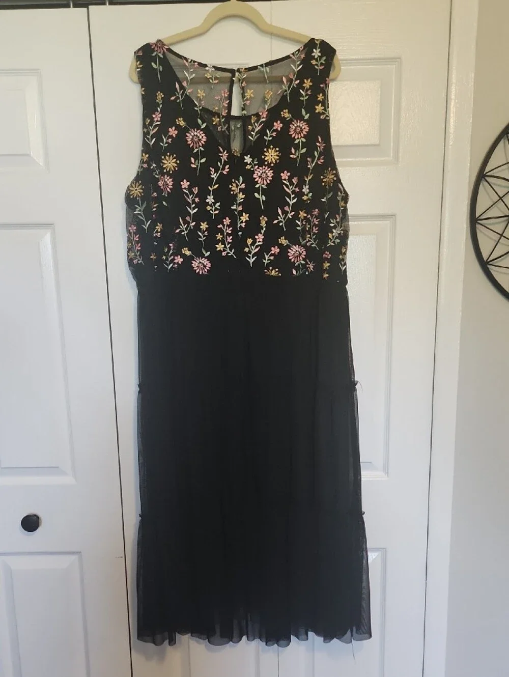 Lane Bryant Black Midi Dress with Pink & Yellow Floral Embroidery Size 26